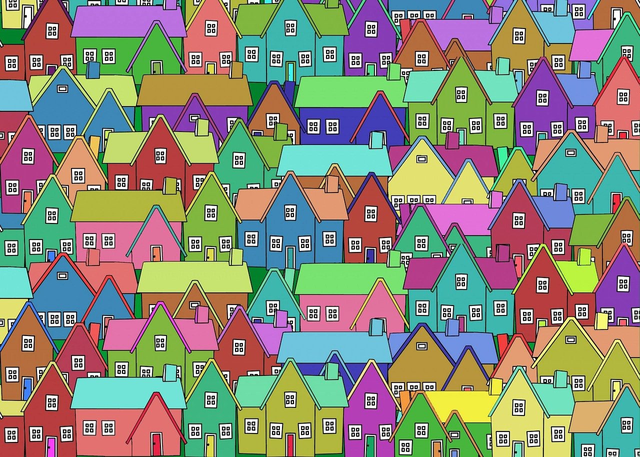 An illustration of many multicoloured houses.