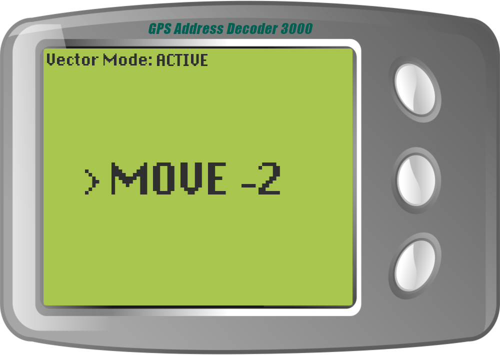 The GPS Address Decoder reads: MOVE -2. The indicator in the top-left reads: Vector Mode: ACTIVE.