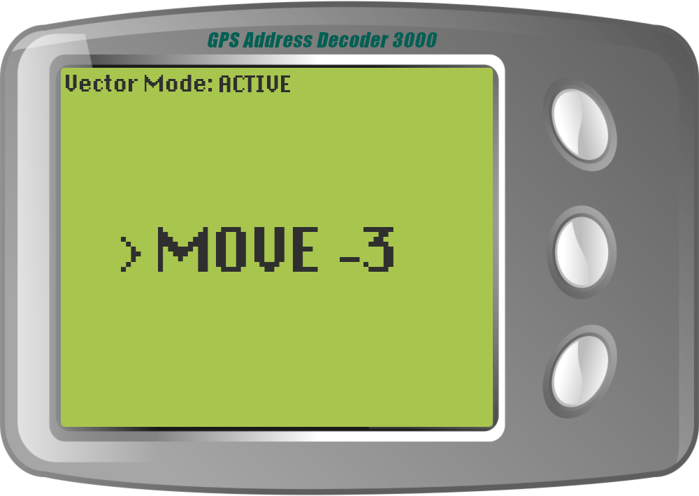 The GPS Address Decoder reads: MOVE -3. The indicator in the top-left reads: Vector Mode: ACTIVE.