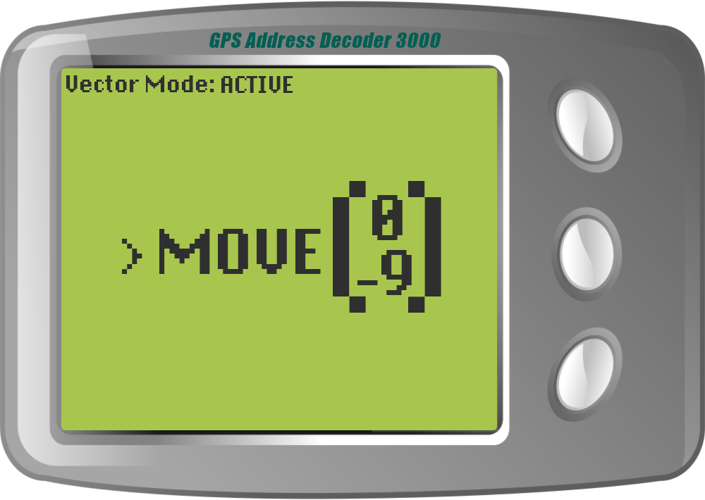 The GPS Address Decoder reads: MOVE (0 -9). The indicator in the top-left reads: Vector Mode: ACTIVE.