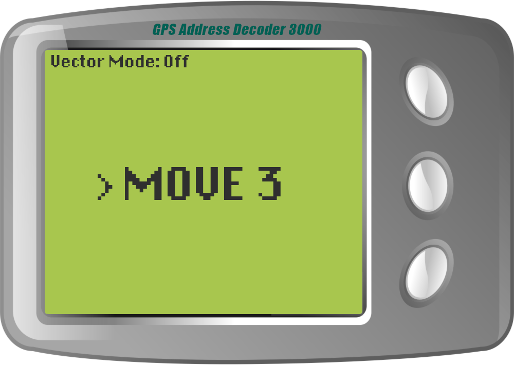 The GPS Address Decoder reads: MOVE 3. The indicator in the top-left reads: Vector Mode: Off.