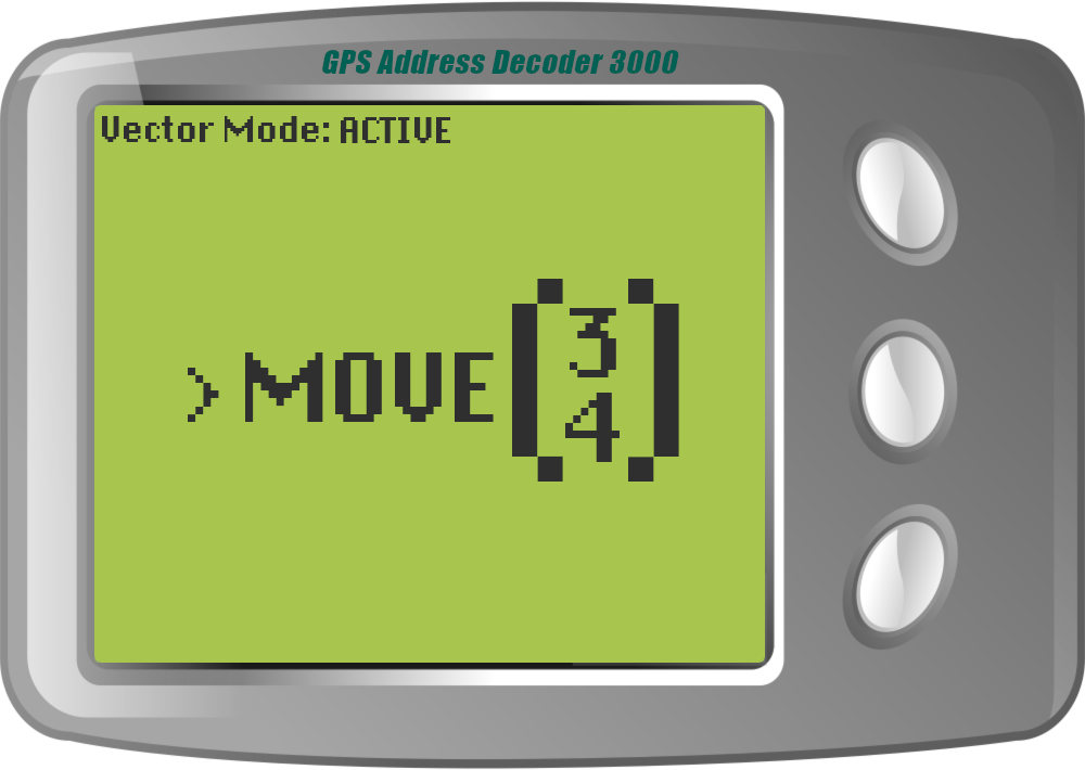 The indicator in the top-left reads: Vector Mode: ACTIVE. The main text reads: MOVE (3 4) (where (3 4) is a column vector).