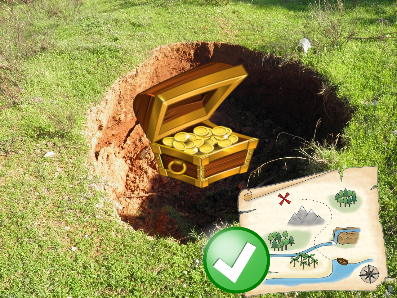 A hole dug in the ground contains a treasure chest full of gold coins